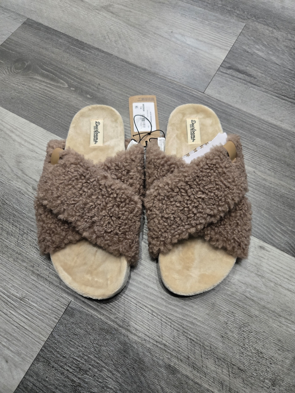 dearfoams Plush Crossband Slide Slippers in Taupe Brown